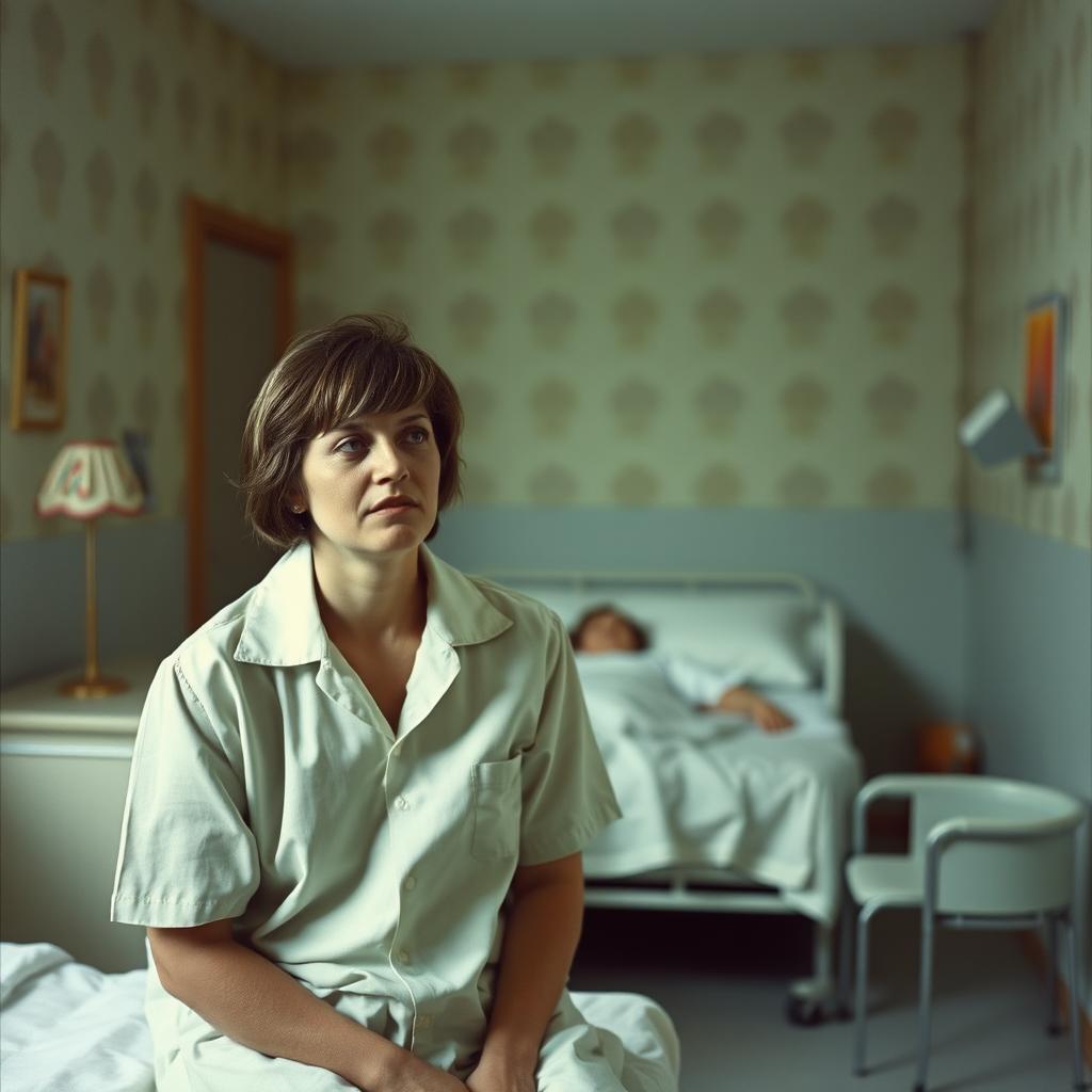 A scene depicting a patient in a 1970s English psychiatric hospital