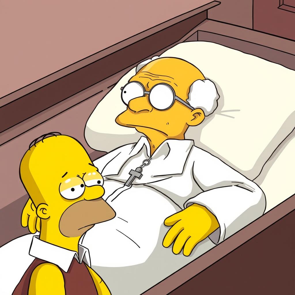 A cartoon-style illustration of an elderly man, almost bald, wearing a white outfit and round glasses, with a silver cross necklace around his neck, peacefully resting in a coffin