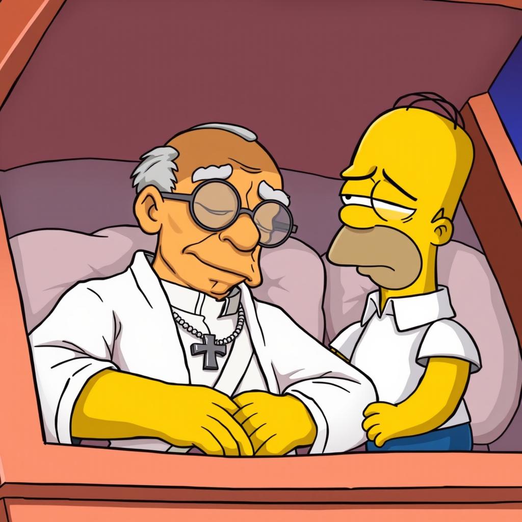 A cartoon-style illustration of an elderly man, almost bald, wearing a white outfit and round glasses, showcasing a silver cross necklace around his neck, peacefully resting in a coffin