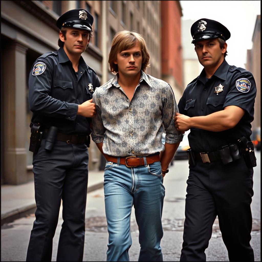 A scene depicting a man from the 1970s being handcuffed by two police officers