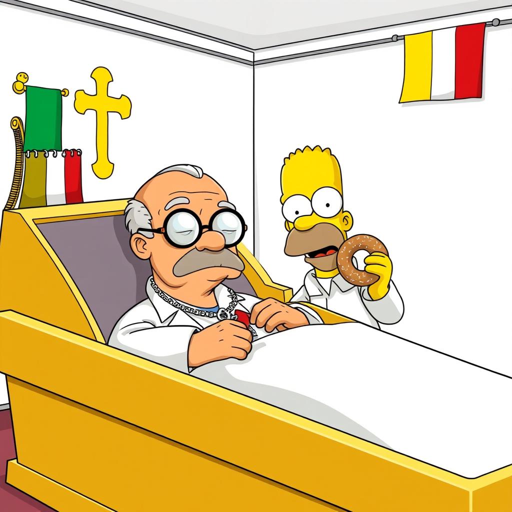 A cartoon-style illustration of an elderly man, almost bald, dressed in white attire, wearing round glasses, and a silver cross necklace, peacefully resting in a coffin with yellow skin