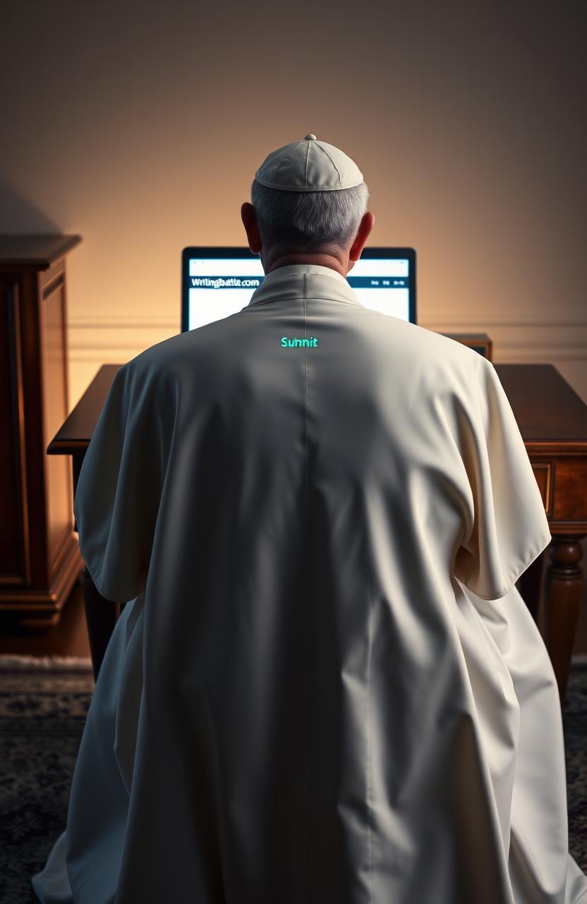 A modern pope in a flowing white robe, seated at a classic wooden writing desk