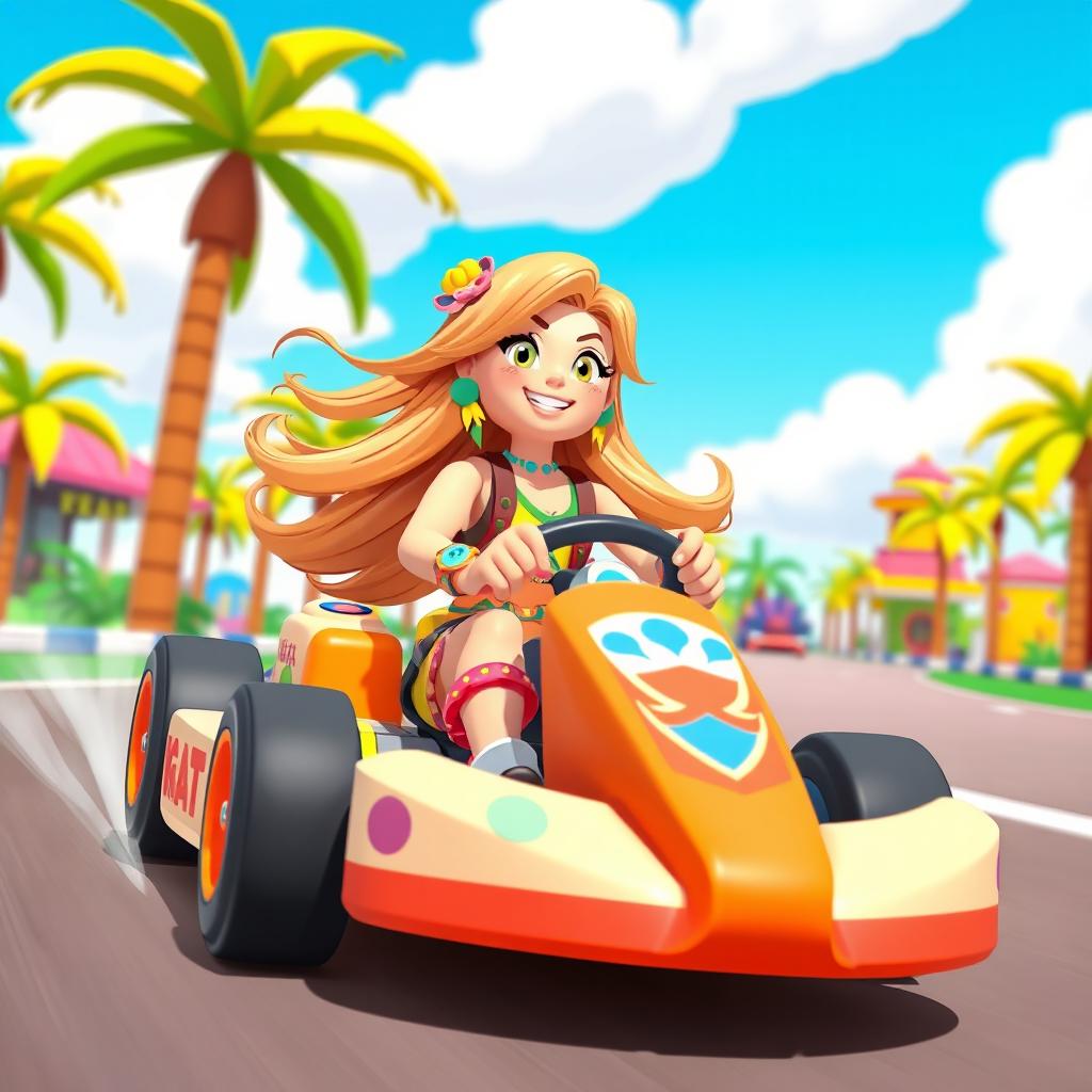 A vibrant and colorful scene featuring a Roblox-style girl character driving a fun, cartoonish go-kart