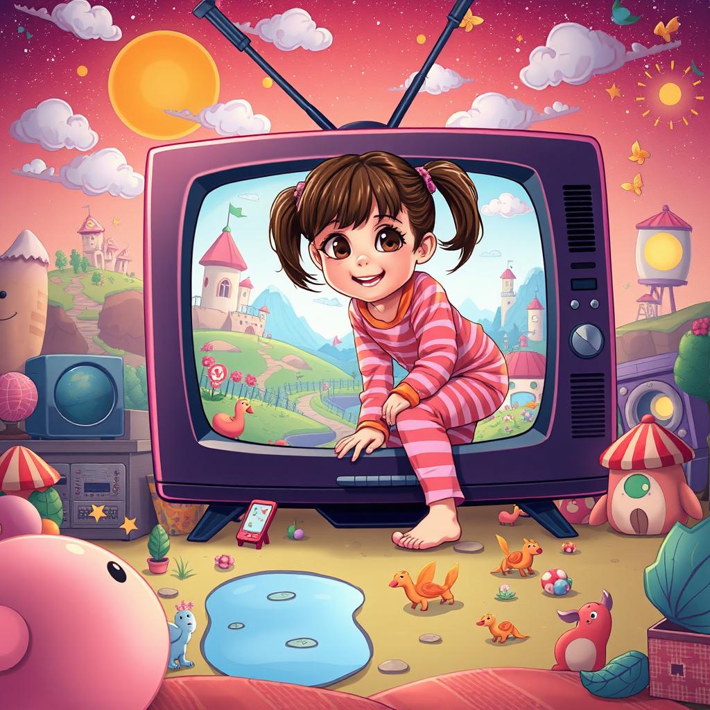 A hyper realistic illustration of a young girl with pigtails, around ten years old, dressed in pink and orange striped pajamas, climbing through a giant TV screen