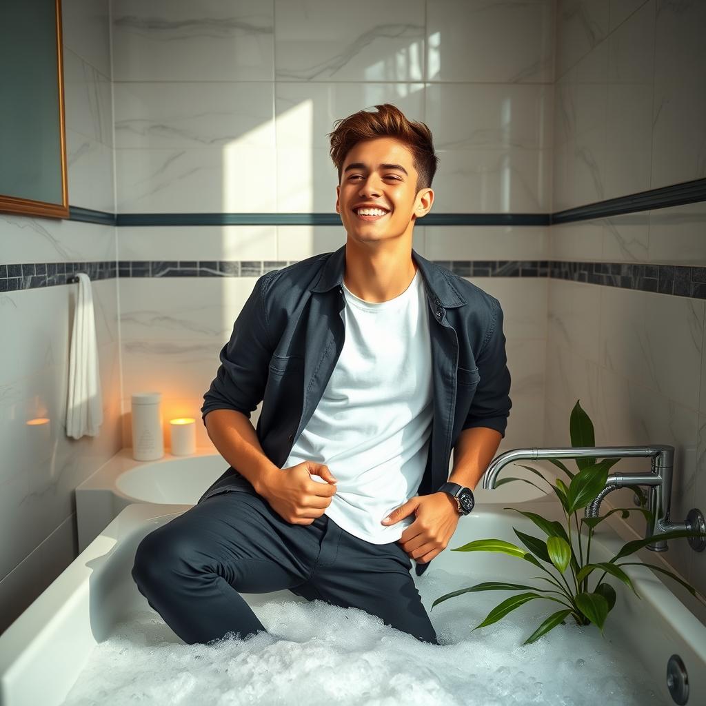 A young man enjoying a photoshoot in a stylish bathroom setting, featuring elegant tiles and modern decor