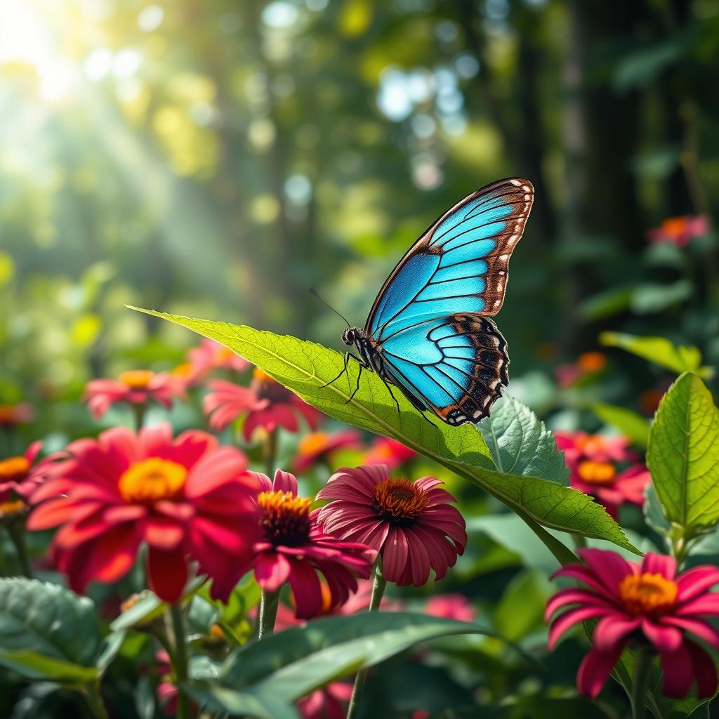 A realistic, vibrant butterfly resting delicately on a lush green leaf in a natural setting, surrounded by vivid wildflowers