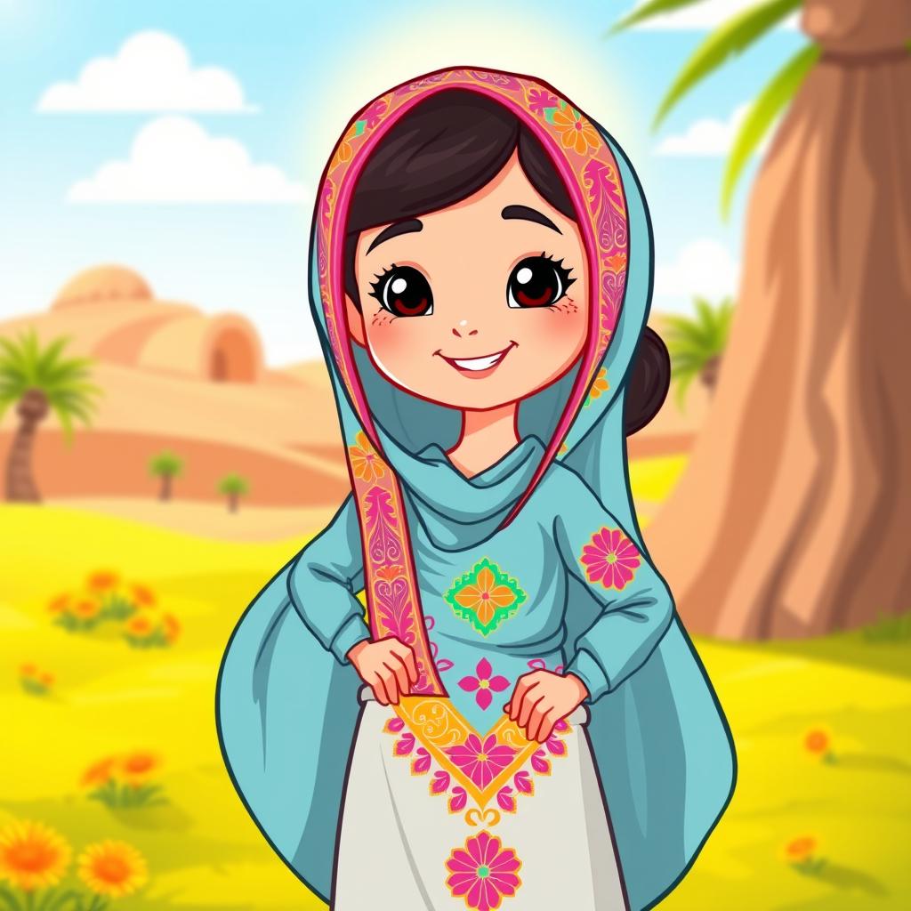 A cartoon clipart illustration of an Emirati girl wearing a beautiful, colorful jalibaya
