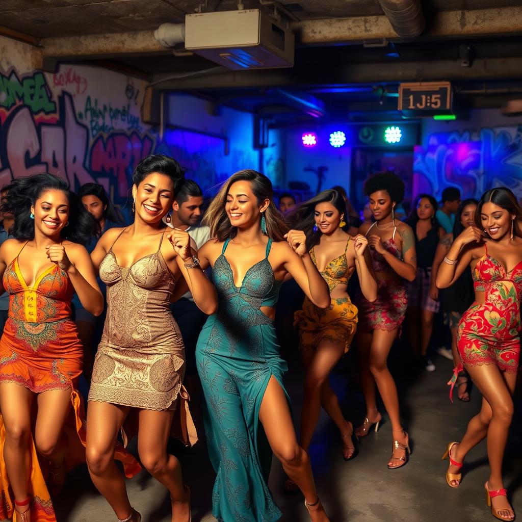 A vibrant underground bachata dance scene showcasing a diverse group of dancers in an urban setting