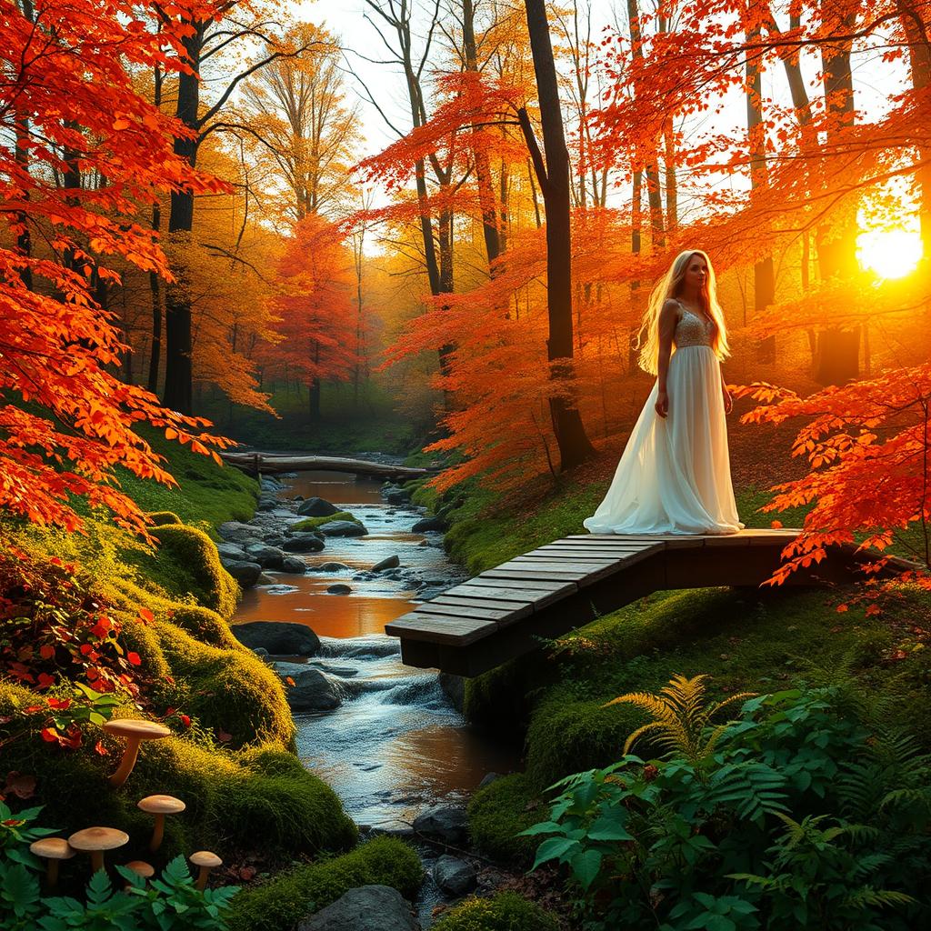An enchanting autumn forest scene at sunset, with vibrant orange and red leaves, gently flowing stream reflecting the colors of the sky, soft golden light filtering through the trees, creating a magical atmosphere