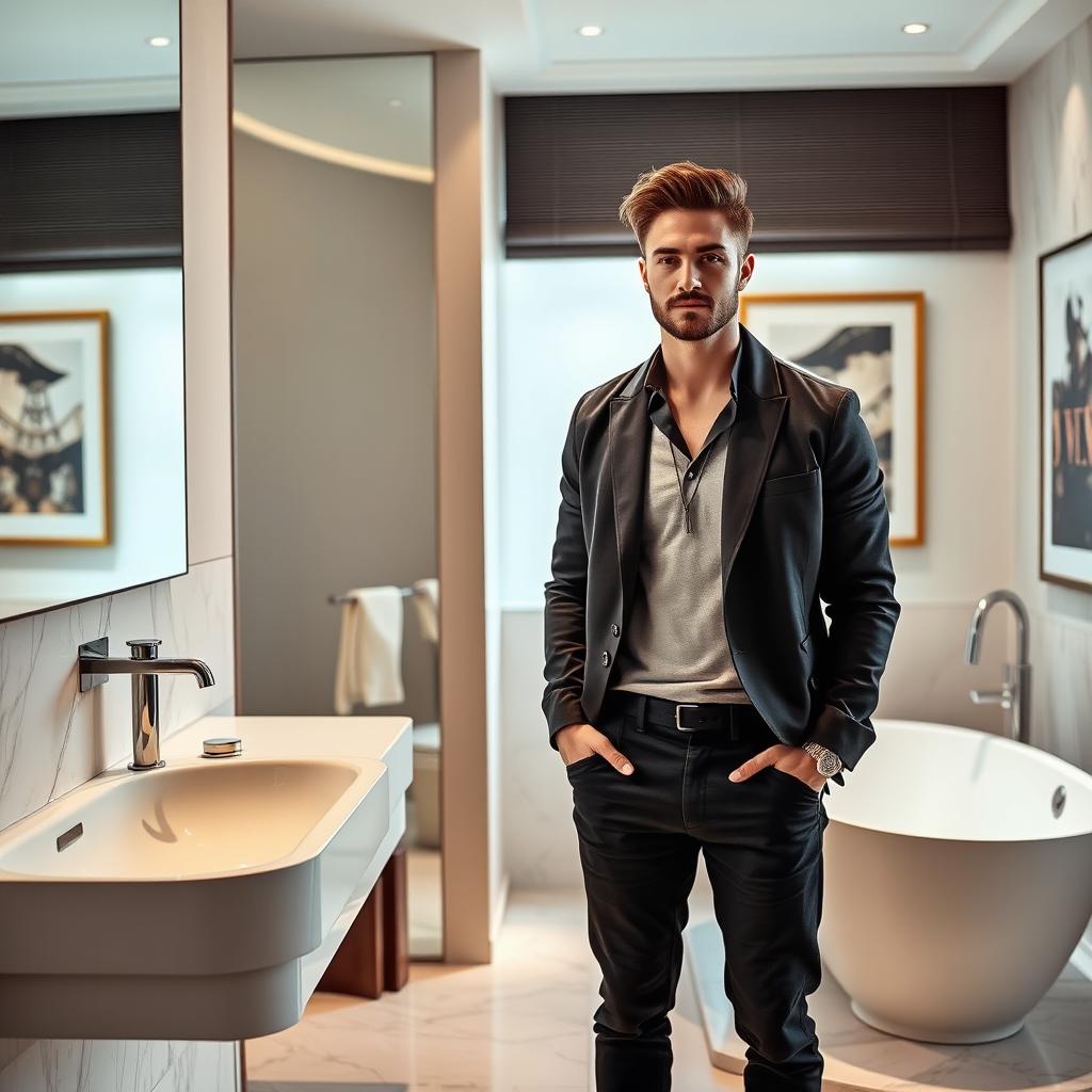 A realistic photograph of a confident man in a stylish, modern bathroom setting