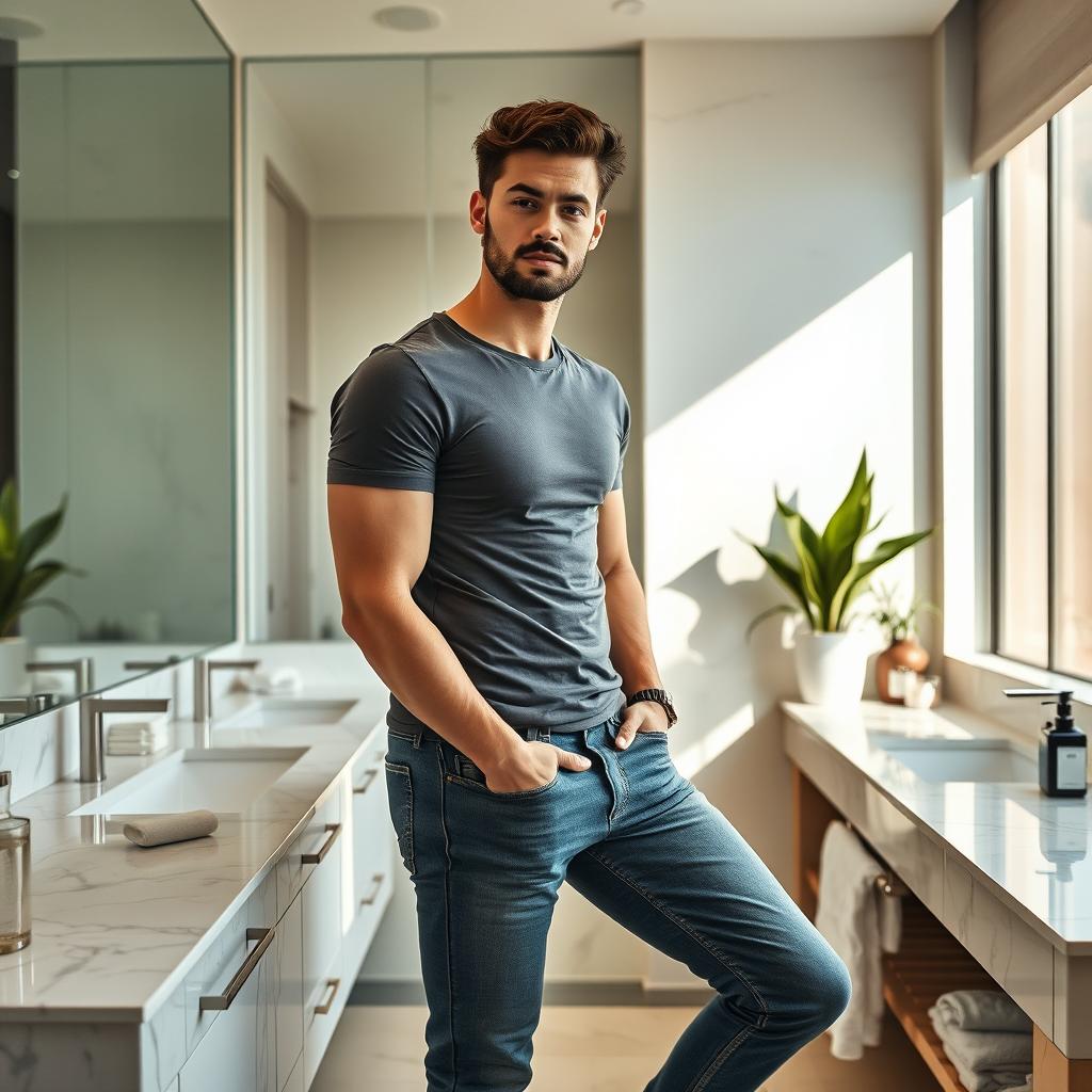 A realistic photograph featuring a man in a stylish, modern bathroom setting, exuding confidence and relaxation