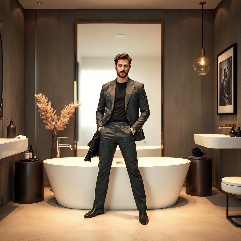 A realistic photograph of a man confidently posing in a modern bathroom