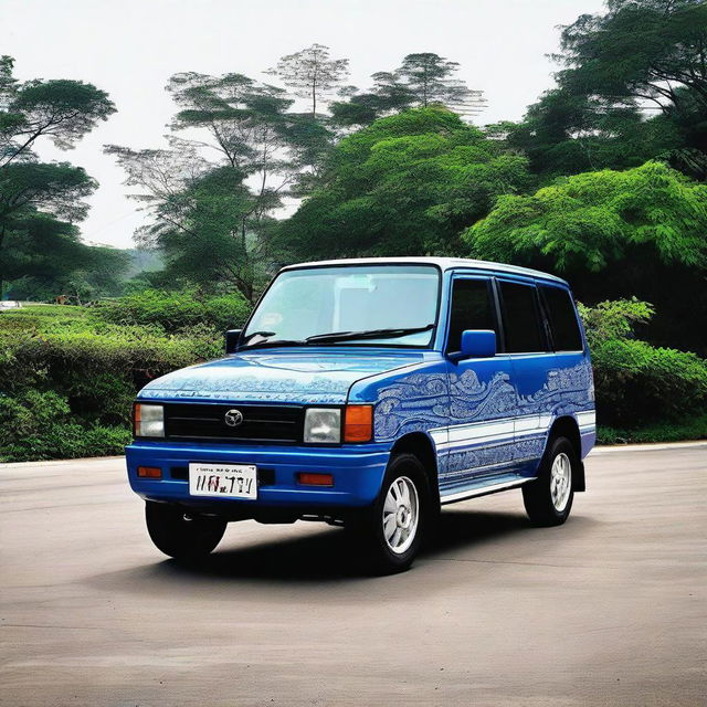 A Toyota Kijang Grand Extra painted with a blue dragon pattern