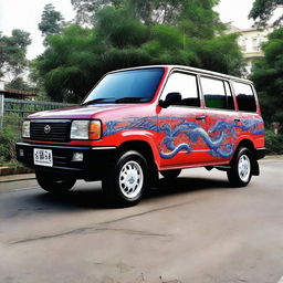 A Toyota Kijang Grand Extra painted with a blue dragon pattern