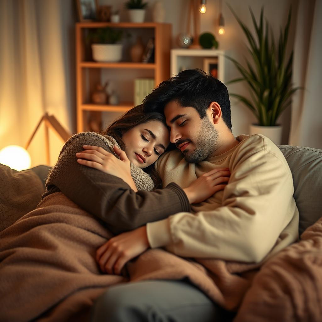 A heartwarming scene of a loving couple, a man and a woman, peacefully sleeping together while sitting
