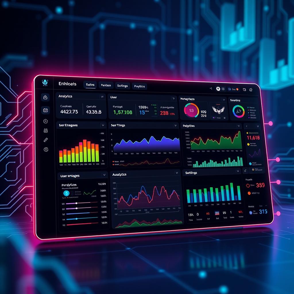 A sleek and modern information system dashboard showcasing colorful data visualizations, charts, and graphs, displaying real-time analytics and user engagement metrics