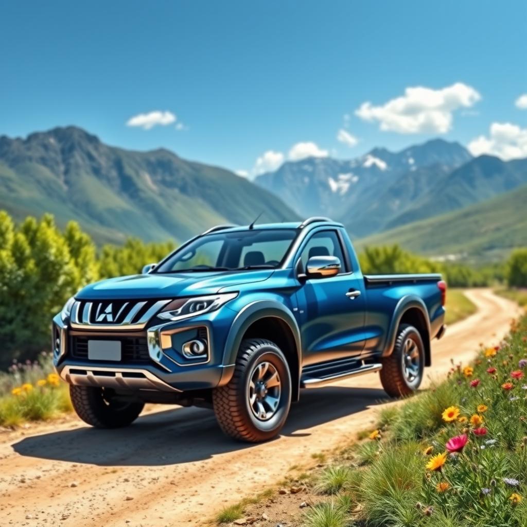 A detailed and realistic representation of a Mitsubishi L200 single cabin pickup truck, parked in a rugged outdoor setting