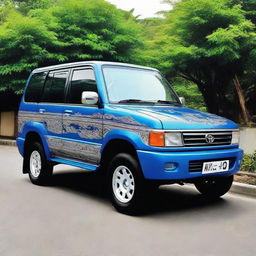 A Toyota Kijang Grand Extra painted with a blue dragon pattern