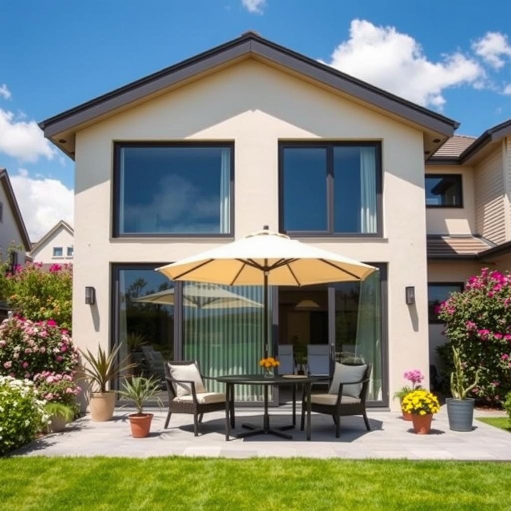 A beautiful modern house with large windows and a sleek design, featuring a cozy patio in front adorned with stylish outdoor furniture and vibrant potted plants