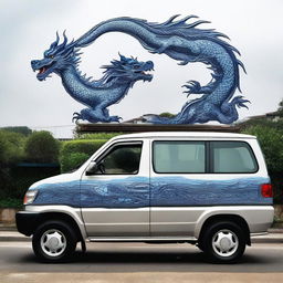 A Toyota Kijang Grand Extra painted with a blue dragon pattern