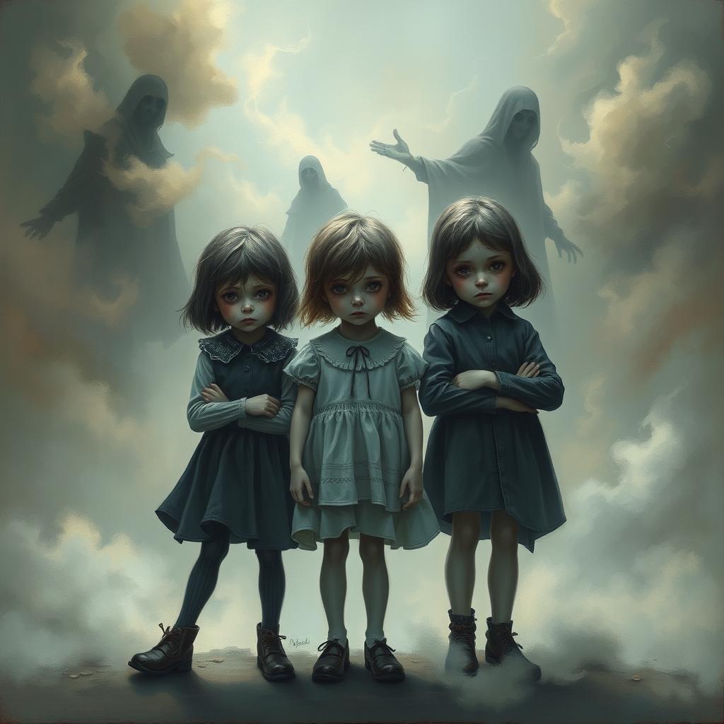 An enigmatic and artistic painting featuring several children standing together, their expressions filled with worry and concern