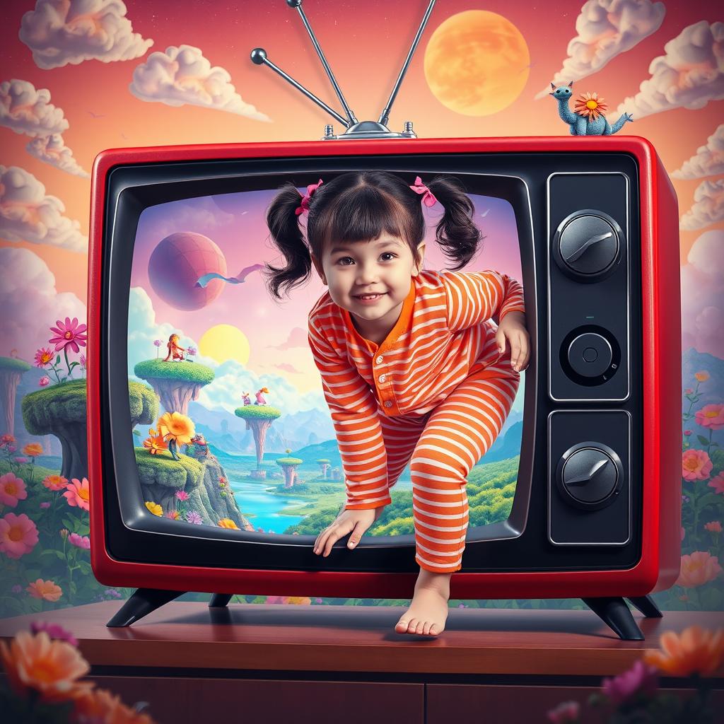 A hyper-realistic image depicting a young girl with pigtails, dressed in vibrant pink and orange striped pajamas, playfully climbing through a giant TV screen