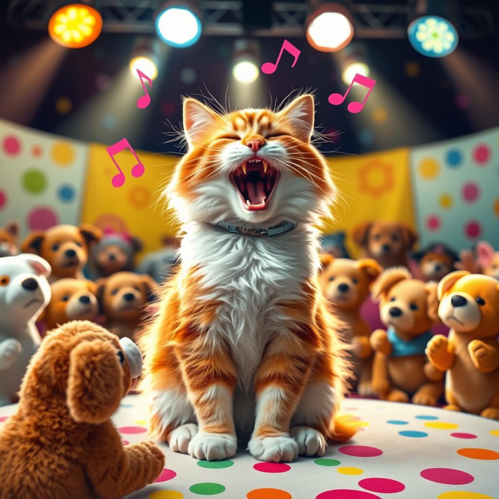 A playful and lively scene of a cat singing joyfully, with its mouth open in mid-meow, surrounded by musical notes