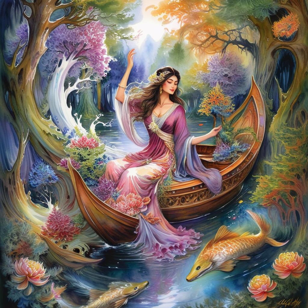 Mystical and spiritual watercolor painting of a beautiful woman sitting inside a royal boat on a beautiful and peaceful pond in a dense forest with cypress trees, plane trees, grapevines, winding bonsai trees, and a whirlwind of colorful flowers and beautiful.