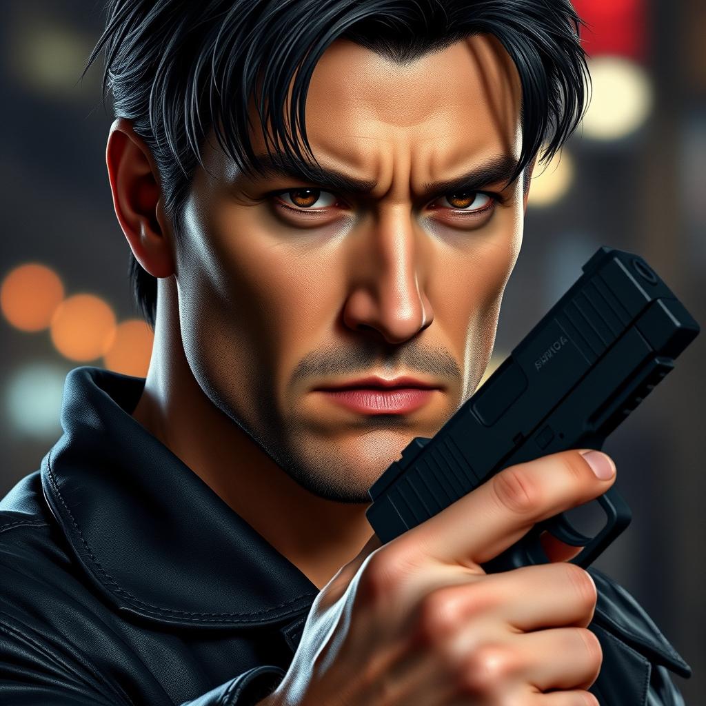 A close-up portrait of an adult male character with a serious expression, confidently holding a black Glock pistol in his right hand