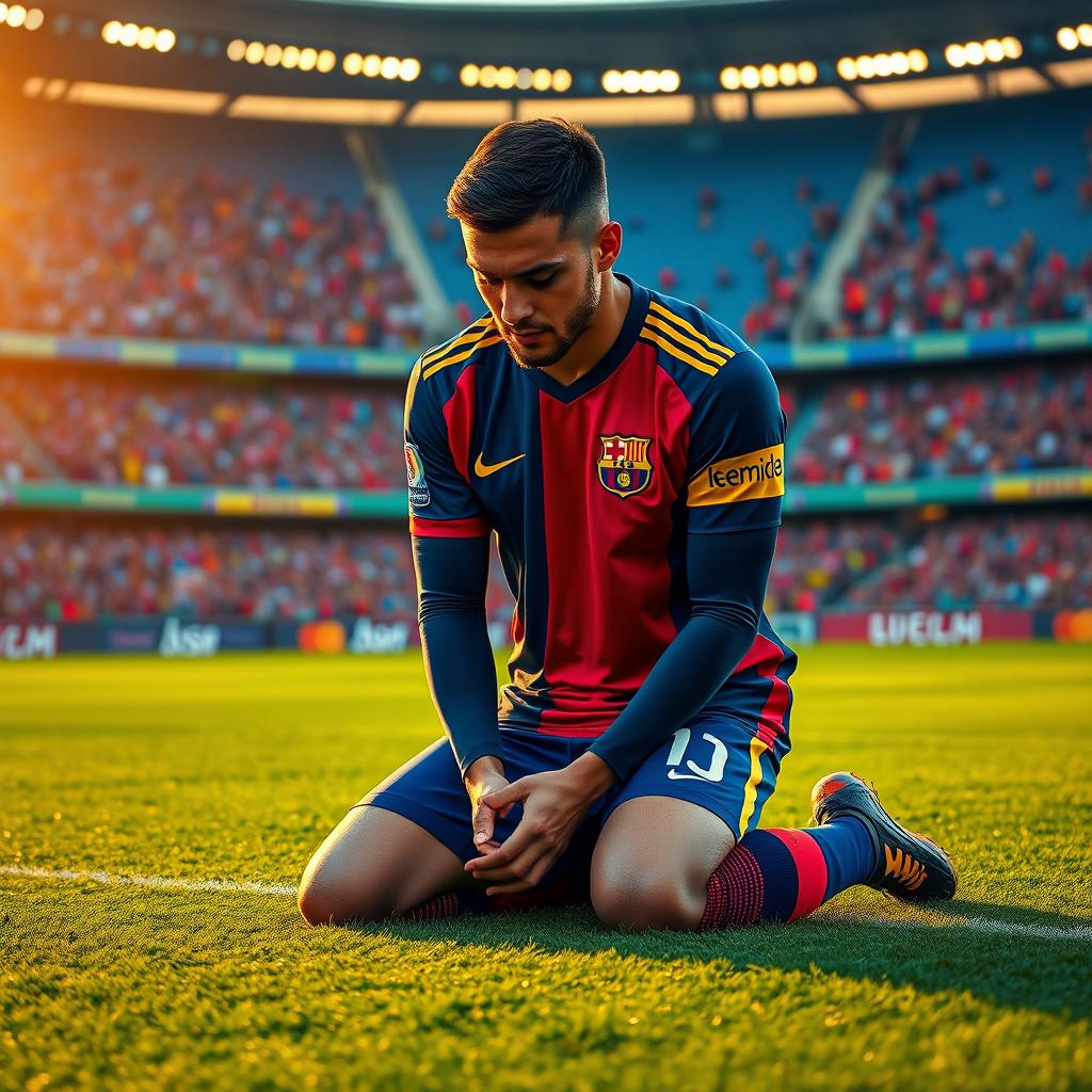 A focused soccer player kneeling on a lush green soccer pitch, deep in thought