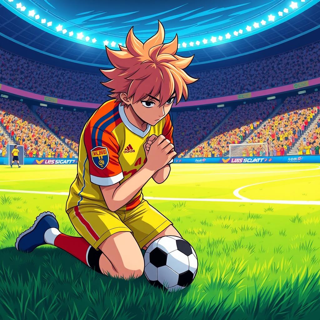 An anime-style illustration of a focused soccer player kneeling on a lush green soccer pitch, deep in thought