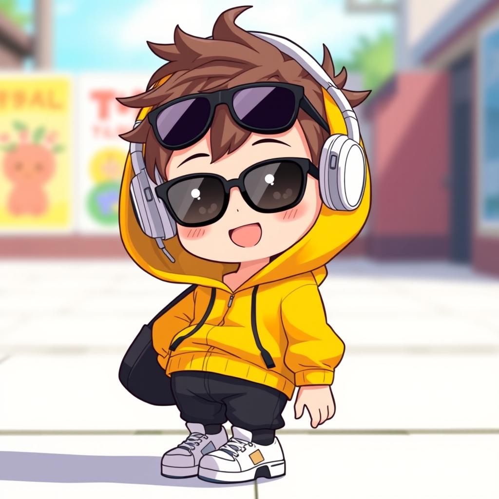 A cute chibi anime boy wearing a bright yellow hoodie, stylish black sunglasses, and white headphones