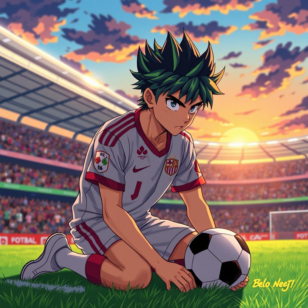 An anime-style illustration of an intense soccer player kneeling on a vibrant green soccer pitch, lost in deep thought