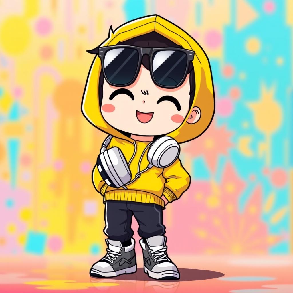 A cute chibi anime boy wearing a bright yellow hoodie, paired with stylish black pants
