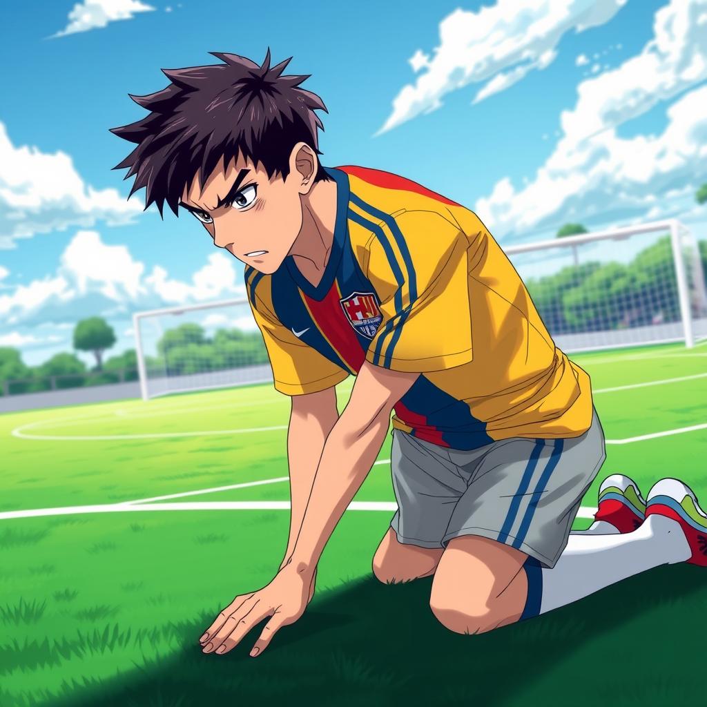 A soccer player in an anime style, kneeling on a vibrant green soccer pitch, with an intense expression as he is deep in thought