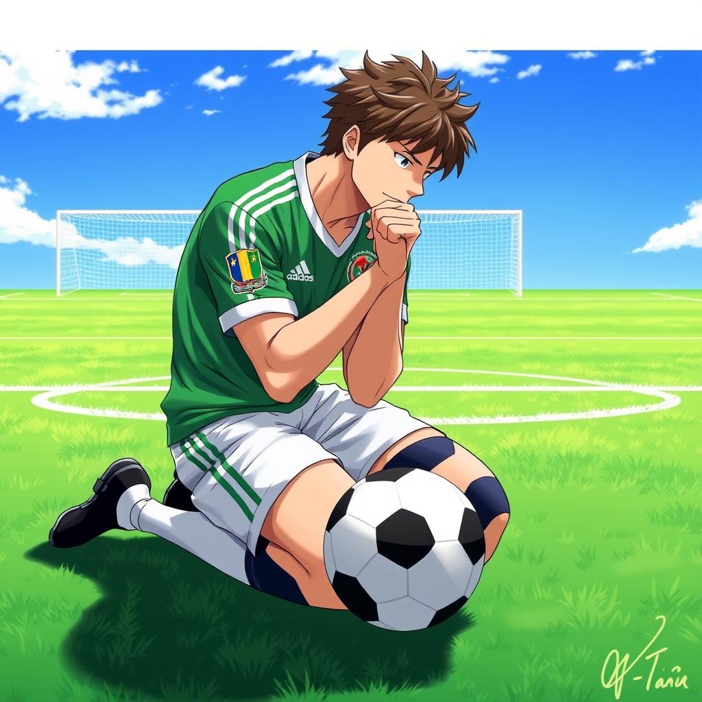 A soccer player in an anime style, kneeling on a vibrant green soccer pitch, displaying an intense and contemplative expression as he reflects deeply