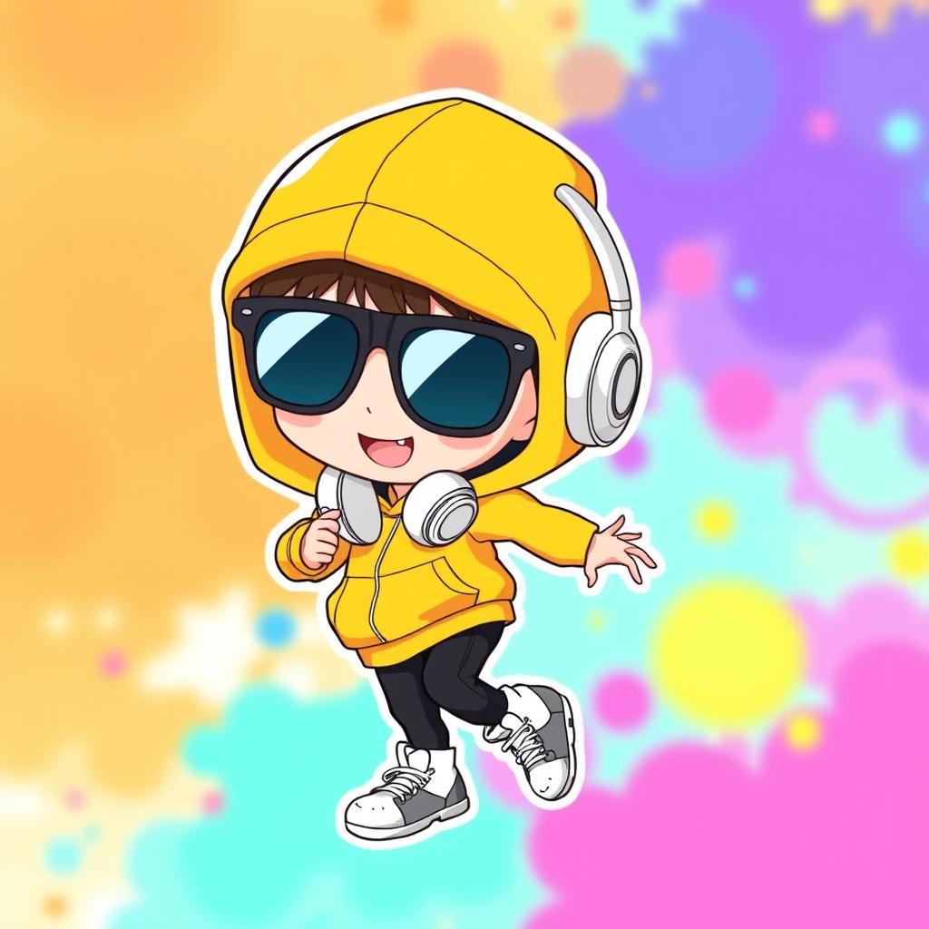 A charming chibi anime boy dressed in a vibrant yellow hoodie, teamed with sleek black pants