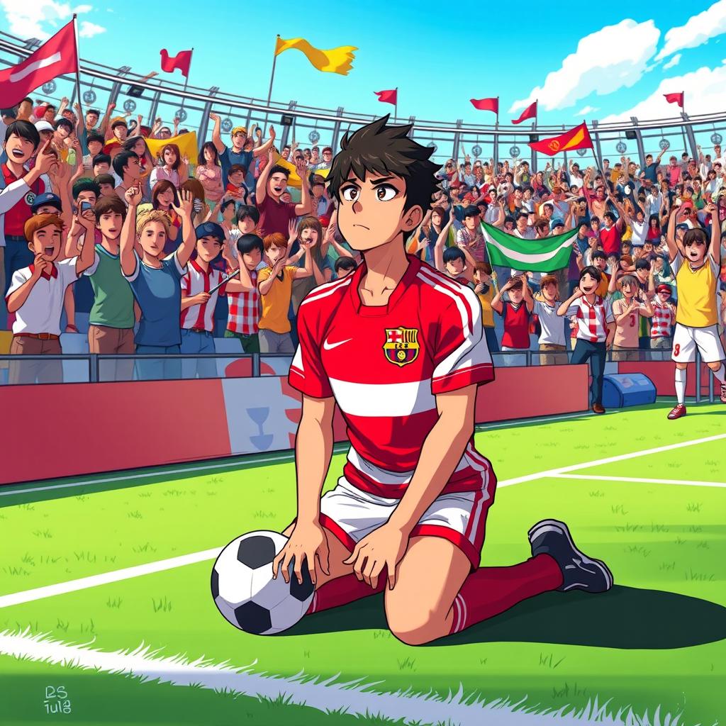 An anime style illustration of a soccer player on his knees on a vibrant green soccer pitch, surrounded by a cheering, enthusiastic crowd in the background
