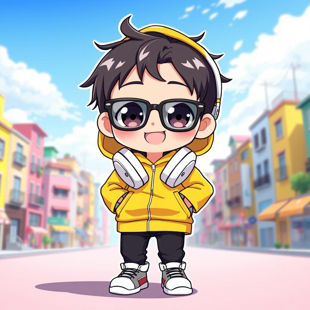 A cute chibi anime boy wearing a bright yellow hoodie, stylish white and grey shoes, sleek black sunglasses, white headphones resting around his neck, and trendy black pants