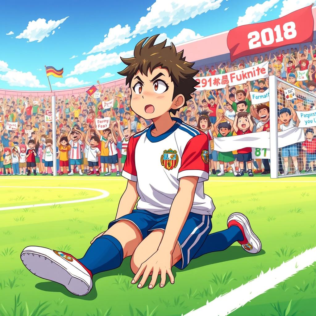 An anime style illustration of a soccer player on his knees on a lively and vibrant soccer pitch, surrounded by a large, enthusiastic crowd in the background