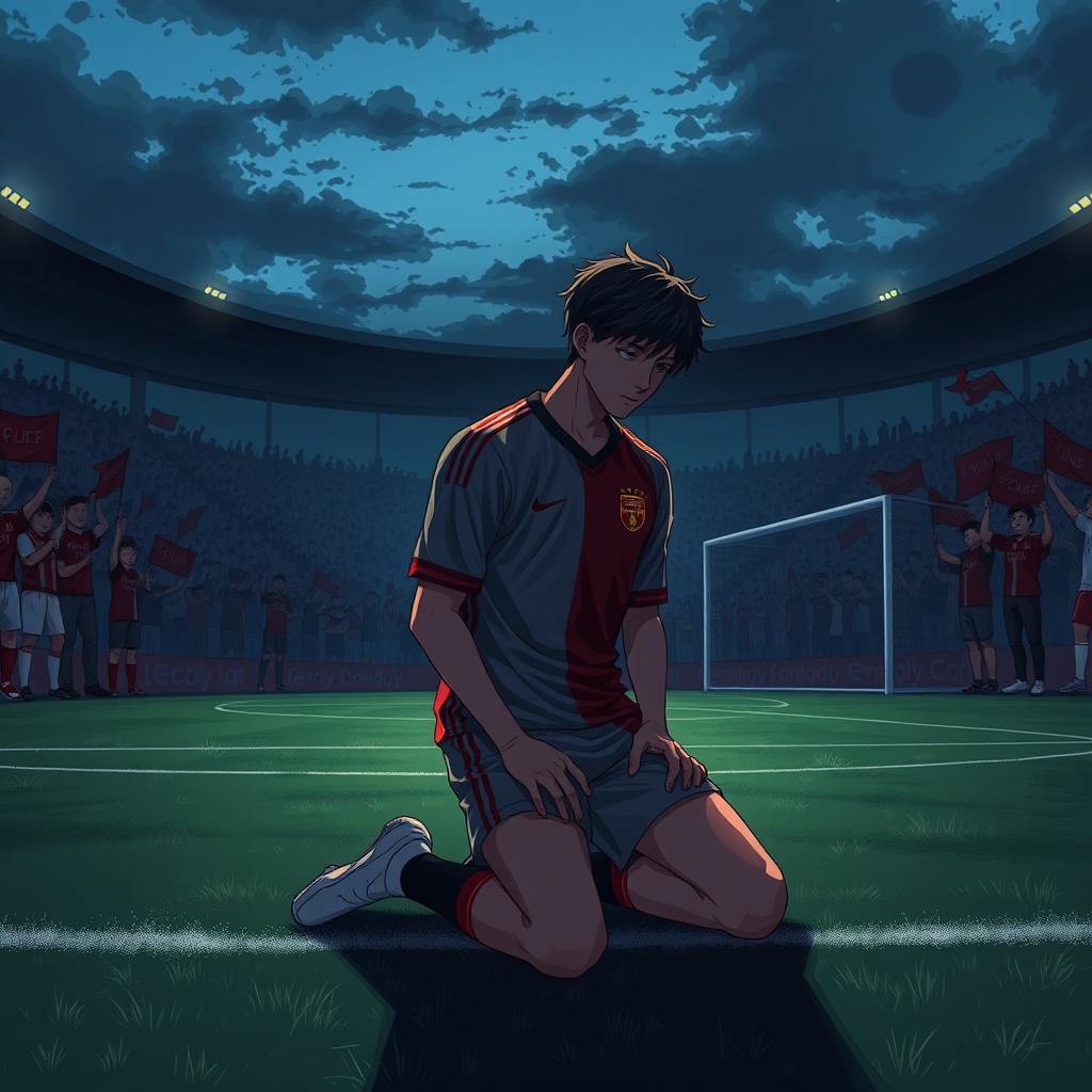 An anime style illustration of a soccer player on his knees on a dimly lit soccer pitch, exuding a sense of intensity and emotion