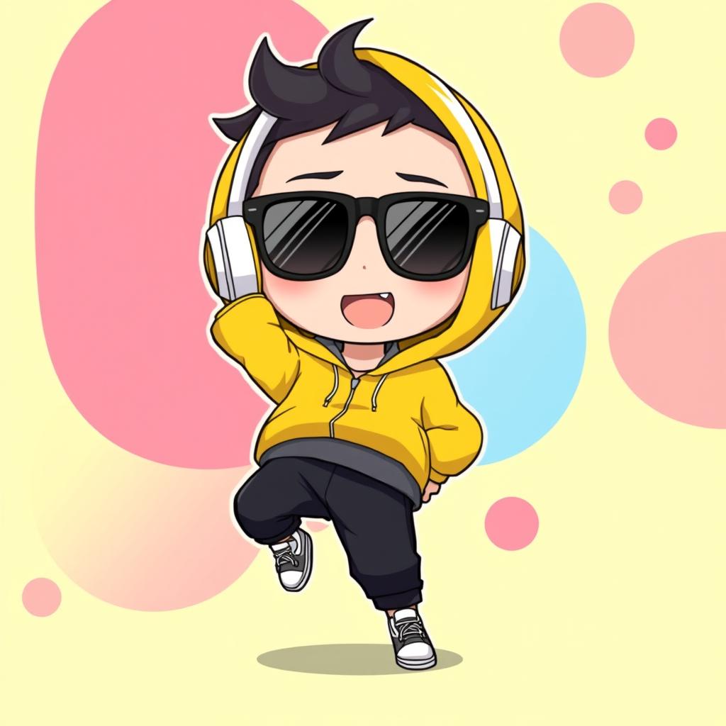 A cute chibi anime boy with a playful expression, wearing a bright yellow hoodie, stylish black sunglasses, white headphones around his neck, and comfortable black pants