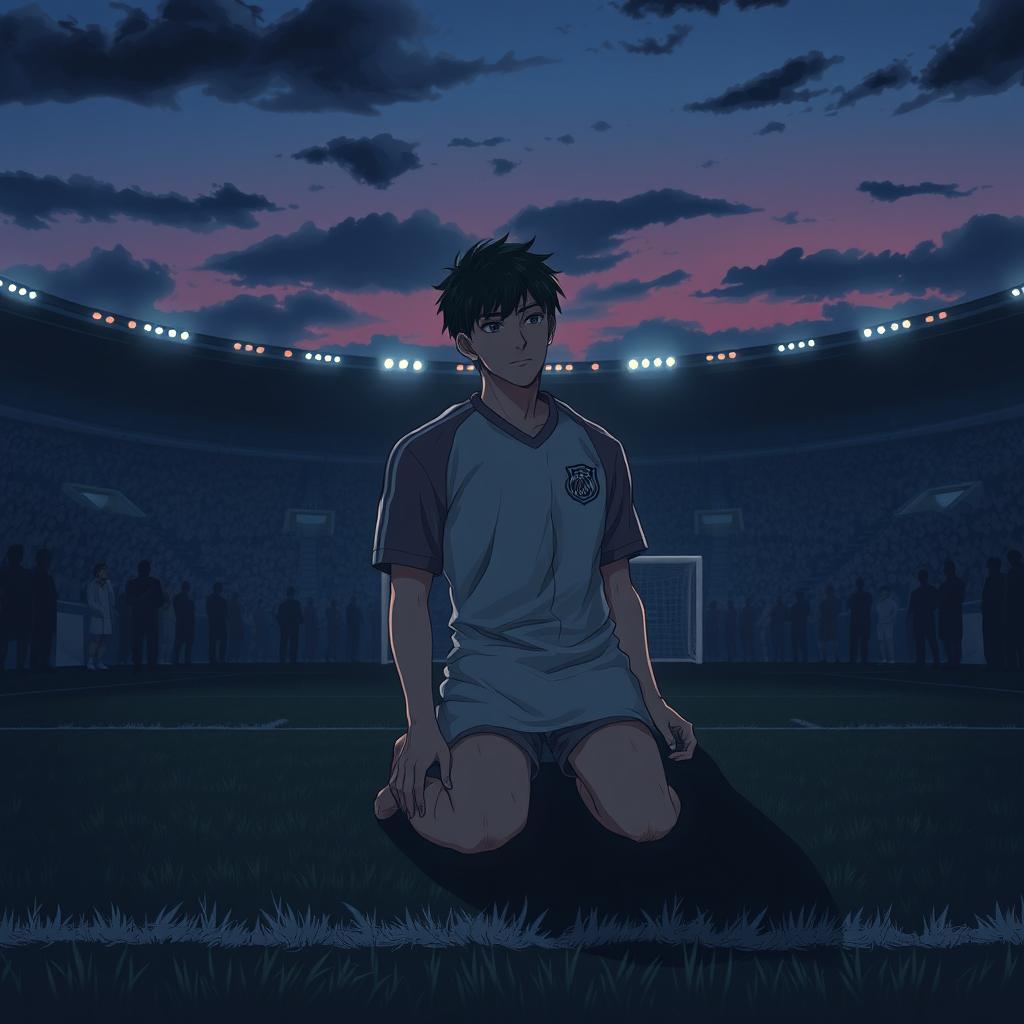 An anime style illustration of a soccer player on his knees on a dark, moody soccer pitch, conveying a sense of emotion and intensity