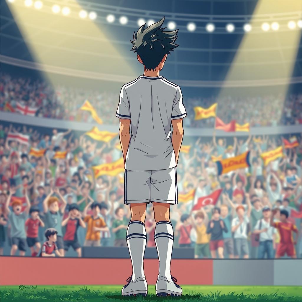 An anime-style illustration of a male soccer player standing with his back to the camera, gazing at the vibrant crowd in a stadium