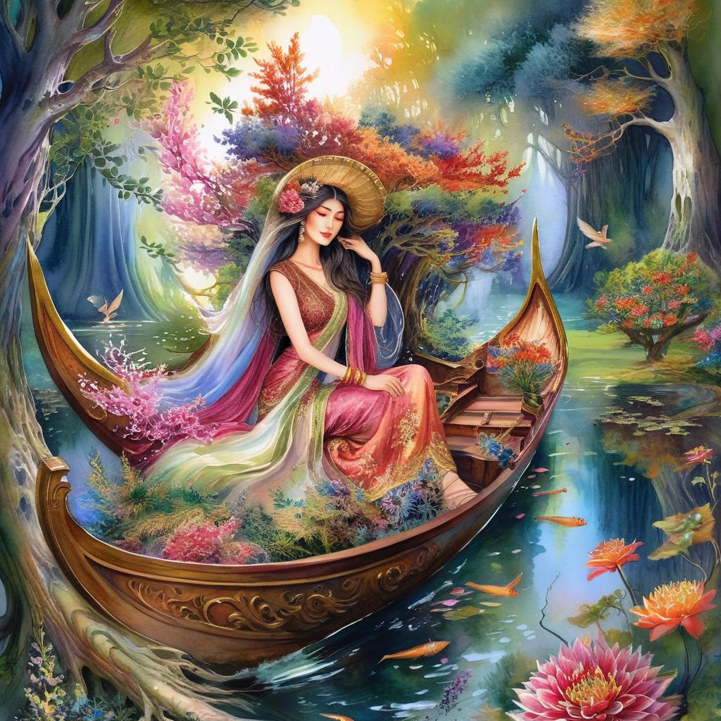 Mystical and spiritual watercolor painting of a beautiful woman sitting inside a royal boat on a beautiful and peaceful pond in a dense forest with cypress trees, plane trees, grapevines, winding bonsai trees, and a whirlwind of colorful flowers and beautiful.
