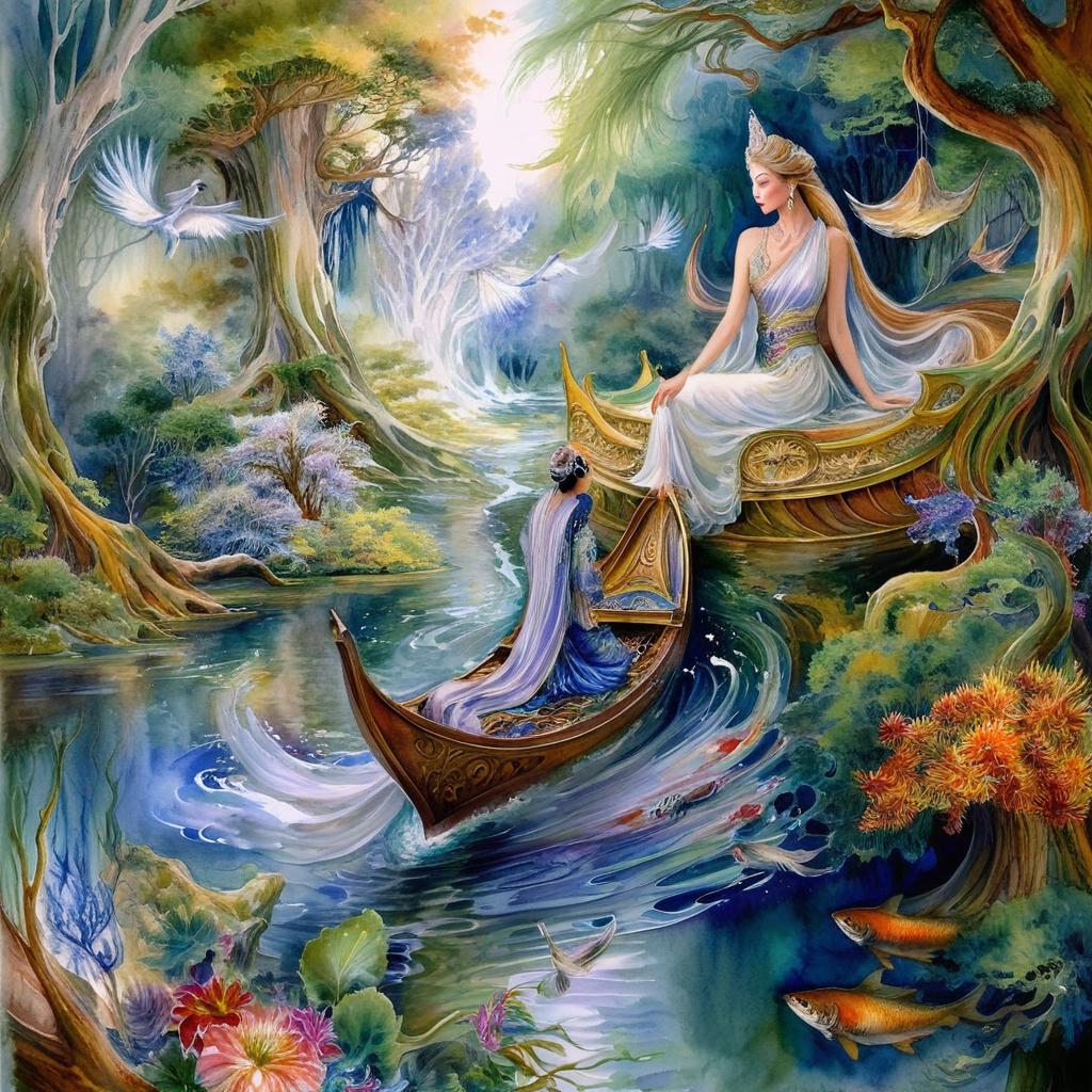 Mystical and spiritual watercolor painting of a beautiful woman sitting inside a royal boat on a beautiful and peaceful pond in a dense forest with cypress trees, plane trees, grapevines, winding bonsai trees, and a whirlwind of colorful flowers and beautiful.
