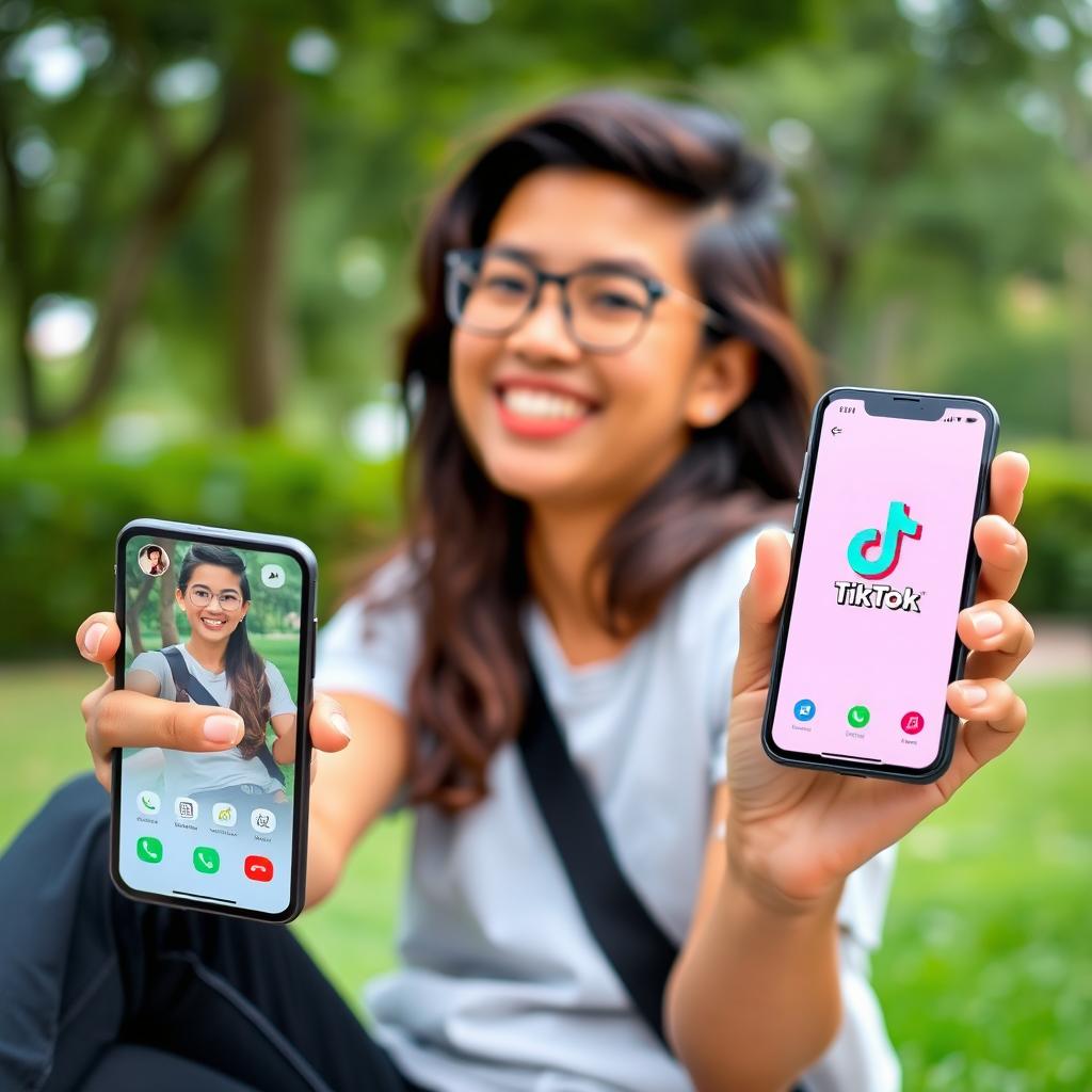 A dynamic image of a person sitting casually, holding a smartphone in one hand while chatting in a video call