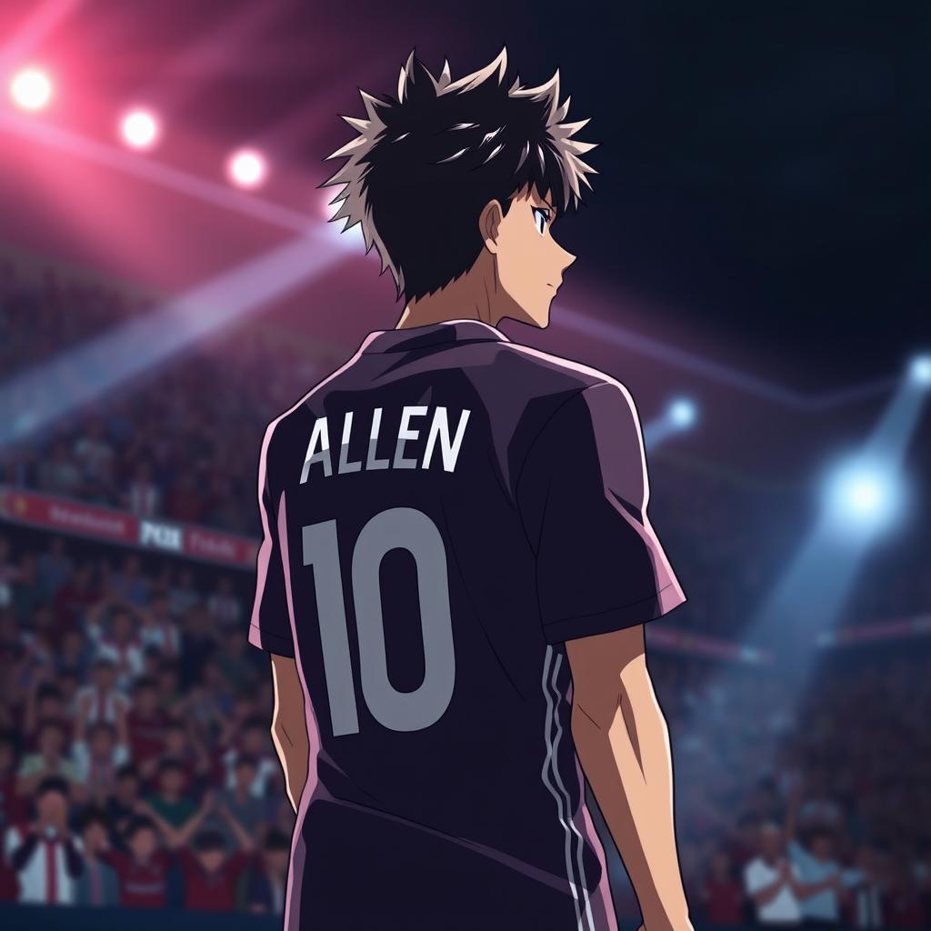 A soccer player with a dark anime style, standing with their back facing the camera, glancing over at a crowd
