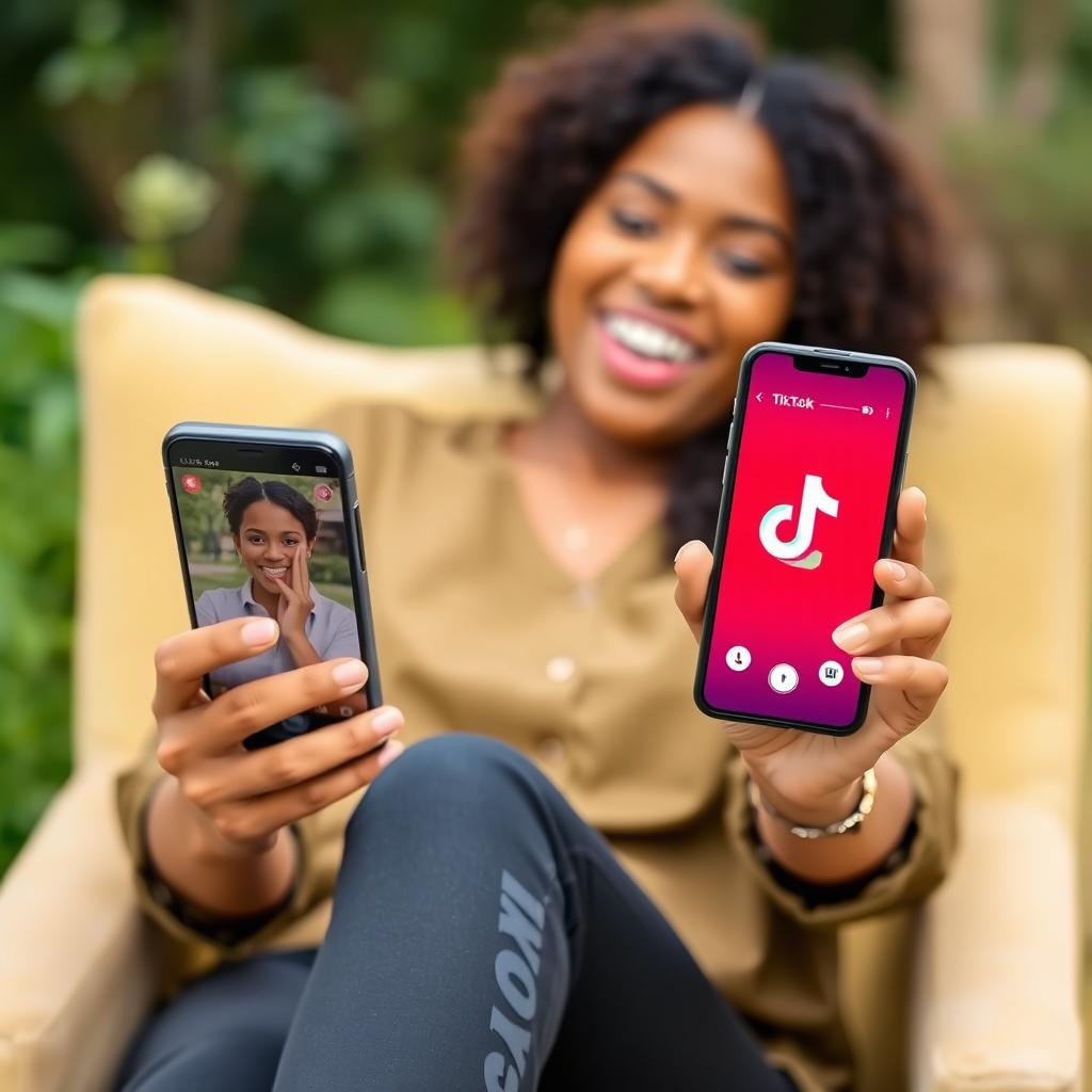 A vibrant image of a person sitting comfortably, holding a smartphone in one hand while engaging in a video call with a joyful expression