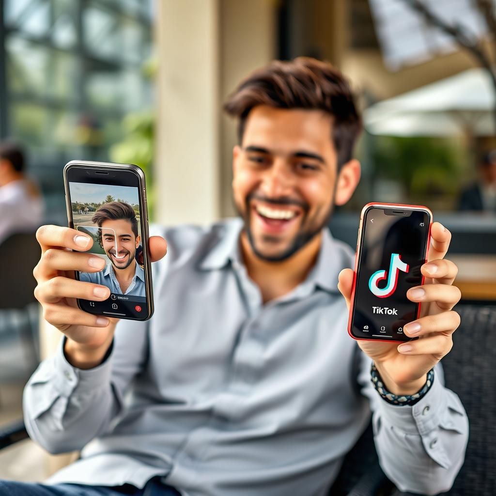 A lively image of a man sitting comfortably, holding one smartphone in his hand while engaging in a video chat with a friendly smile